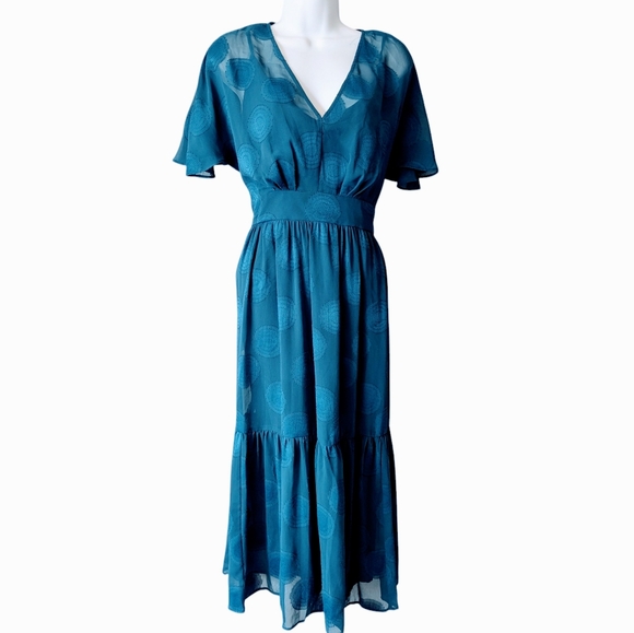 Maggy London Embroidered Teal Midi Dress with V-Neck and Flutter Sleeves Sz. 10P - Picture 11 of 11
